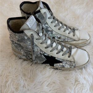 Golden Goose Francy High Top Sneakers - Silver Sequin - Size 40 US 10